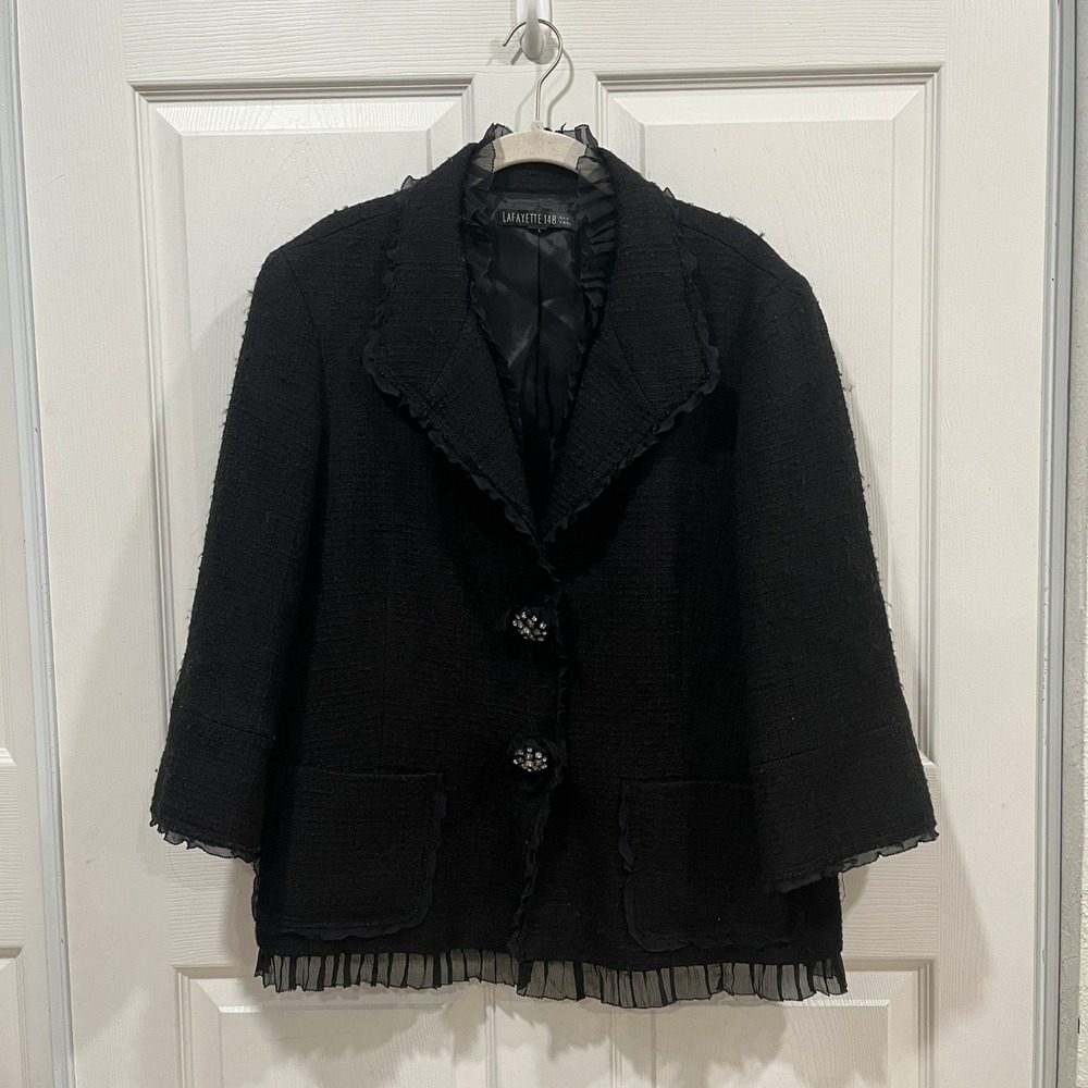Lafayette 148 New York Black Tweed Blazer Ruffle Trim Jewel Button Jacket